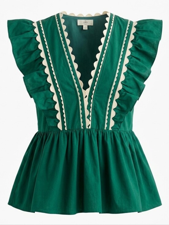 entro Tops - Entro Green Ric Rac Ruffle V Neck Babydoll Blouse Top Sz.S Pemplum Cottagecore
